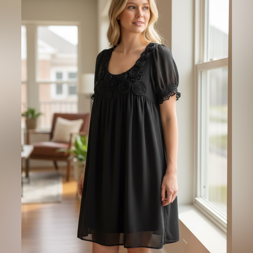 ECI Black Chemise dress with Rosette Details
